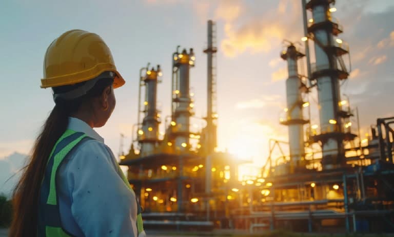 Feldarbeiter mit Blick auf die Anlage bei Sonnenuntergang