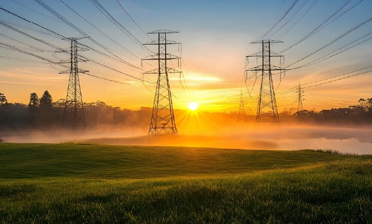 Stromleitungen bei Sonnenuntergang