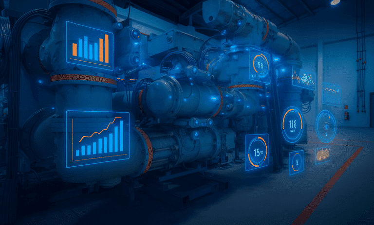 Gasisolierte Schaltanlage mit digitalen Overlays zur Anzeige von Sensormesswerten und Diagrammen in einer Industrieanlage