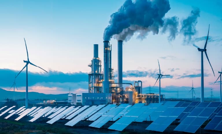 Anlage für erneuerbare Energien bei Sonnenuntergang