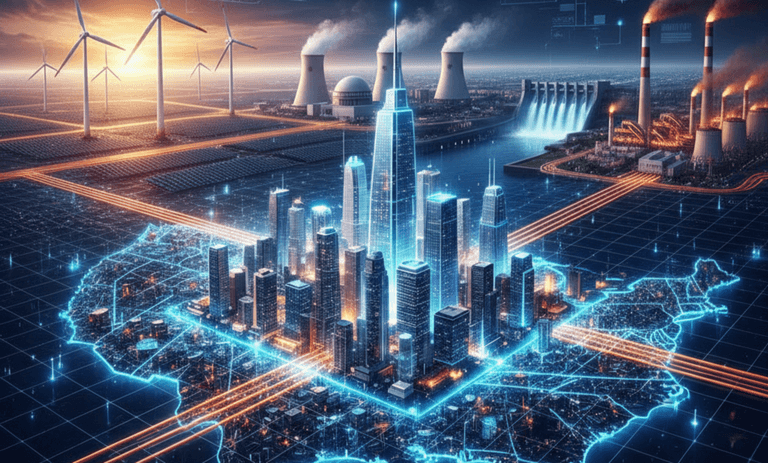 Intelligentes städtisches Stromnetz mit Anlagen für erneuerbare und traditionelle Energien
