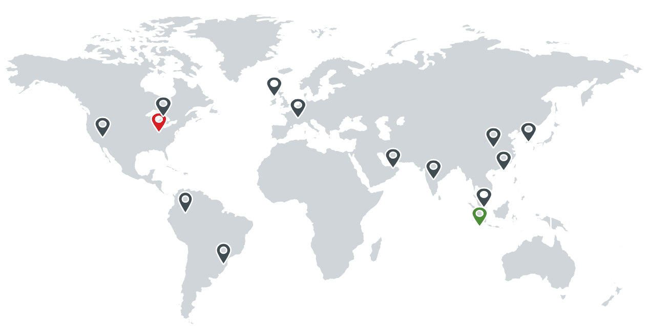 Weltkarte mit an verschiedenen Orten weltweit markierten Punkten